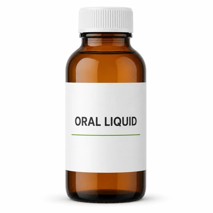 Illustration of an amber oral-liquid bottle with a white screw cap