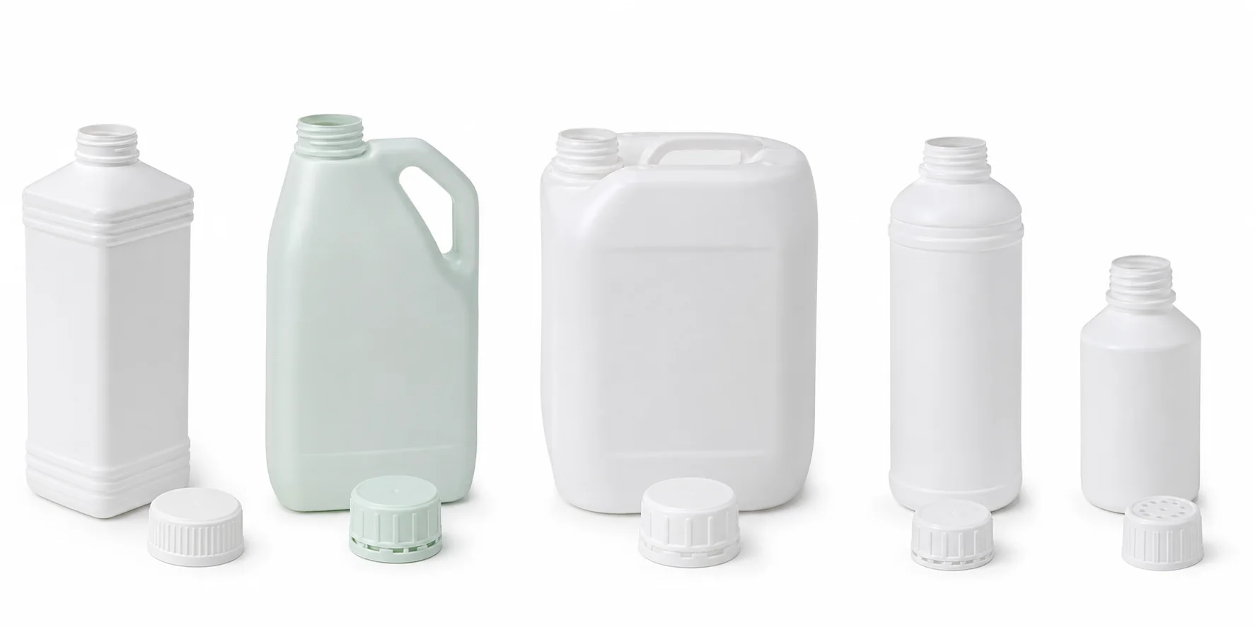 Pesticide, agrochemical, cleaning chemical, disinfectant and laboratory chemical plastic containers with separate compatible caps