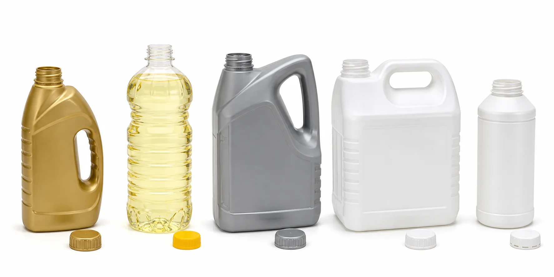 Edible oil, lubricant oil, cleaning chemical, disinfectant and large jerrycan packages with separate screw caps for flow meter filling