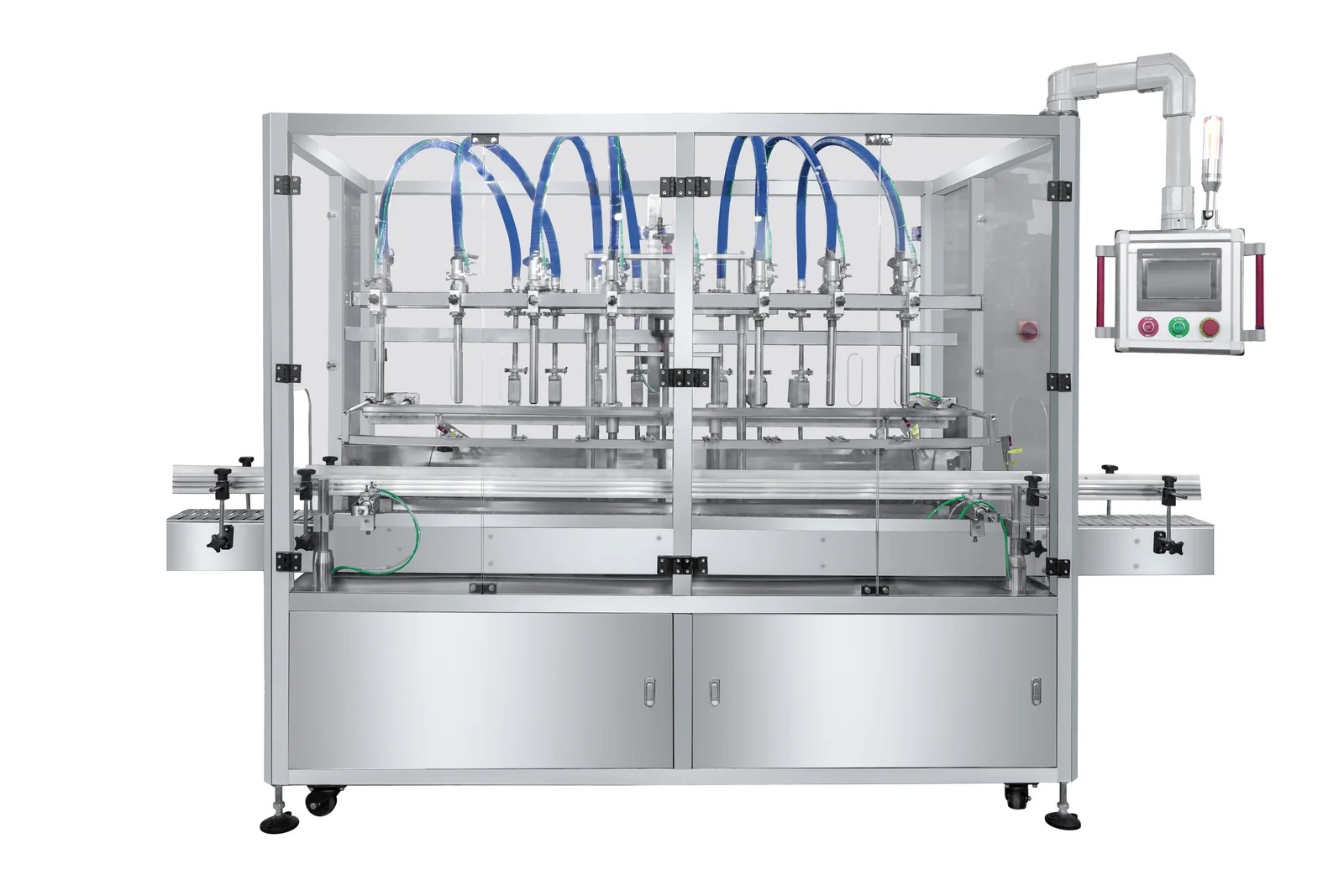 8-head flow meter filling machine with safety enclosure and inline conveyor