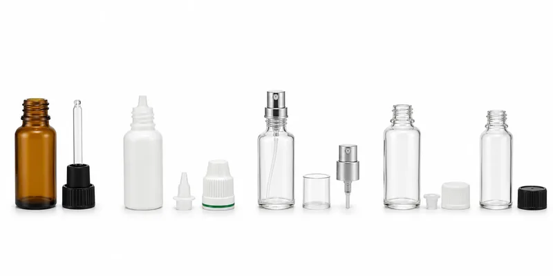 Small dropper, eye-drop, fragrance spray, serum and screw-cap bottle examples