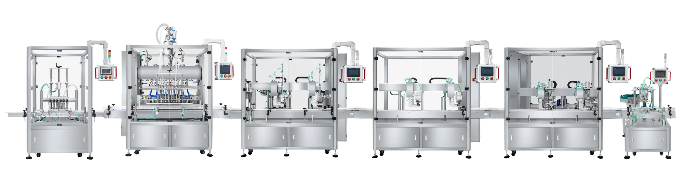 Complete automatic perfume production line with bottle air rinsing, six-head vacuum filling, tracking closure stations and labeling