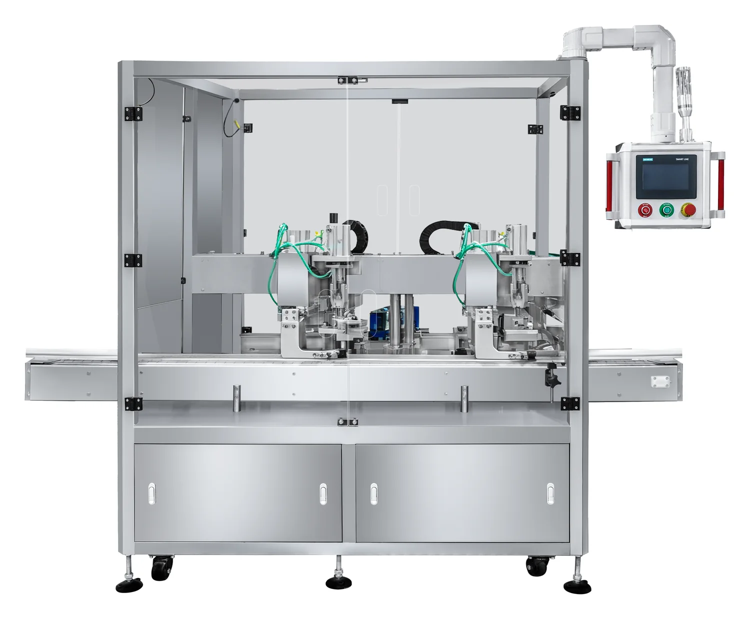 Enclosed two-head tracking closure assembly station for an automatic perfume production line